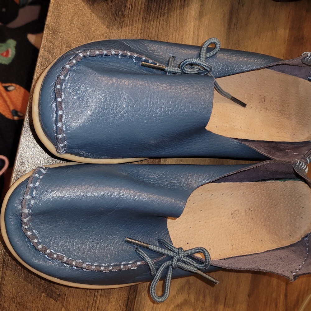 Women’s Navy Blue Leather Moccasin Slip-Ons